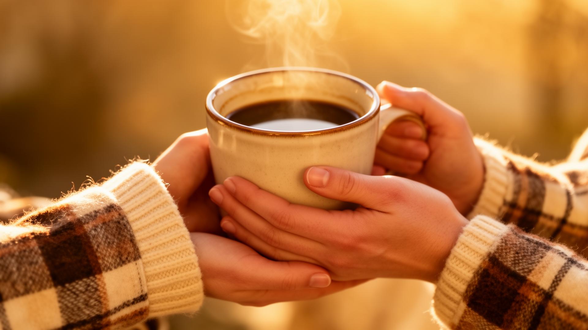 Two hands gently holding a warm ceramic mug of coffee in golden morning light