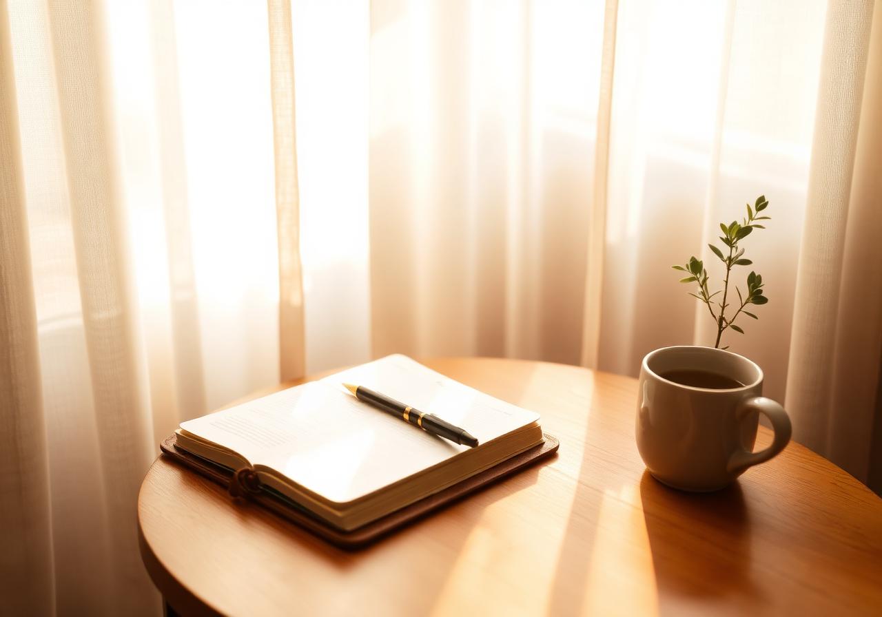 A journal, pen, and a mug of tea on a wooden side table beside sheer linen curtains in golden morning light