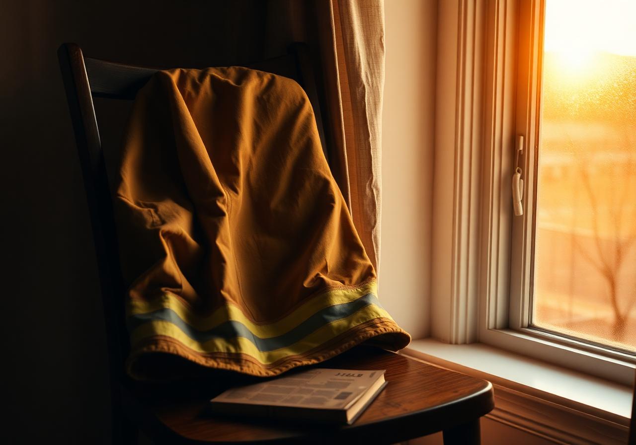 A turnout jacket draped on a wooden chair beside a sunlit window — the weight set down for a moment