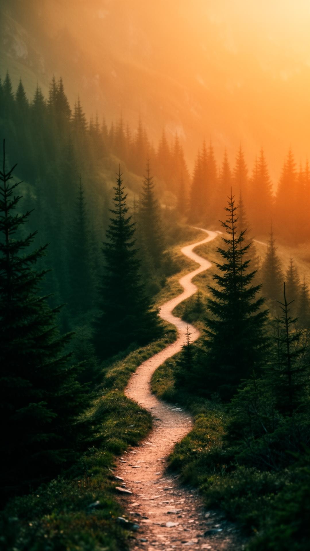 Open trail winding upward through warm dawn light